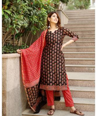 Piyu bagru black hand block print cotton kurta set with chanderi dupatta 6
