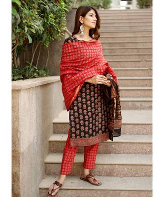 Piyu bagru black hand block print cotton kurta set with chanderi dupatta 7