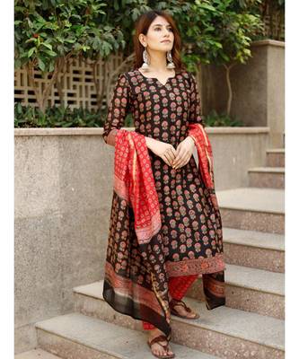 Piyu bagru black hand block print cotton kurta set with chanderi dupatta 8