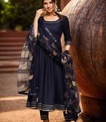 Blue solid gold kurta set with embroidered dupatta