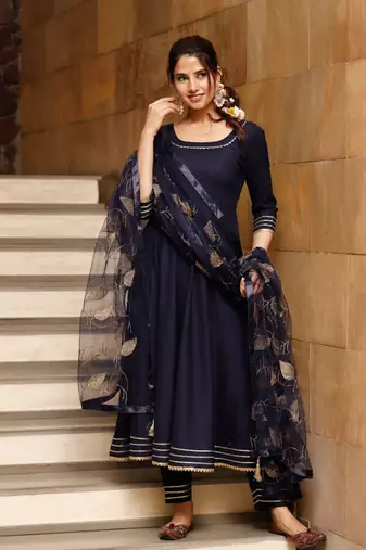 Blue solid gold kurta set with embroidered dupatta