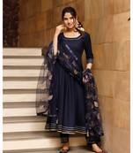 Blue solid gold kurta set with embroidered dupatta