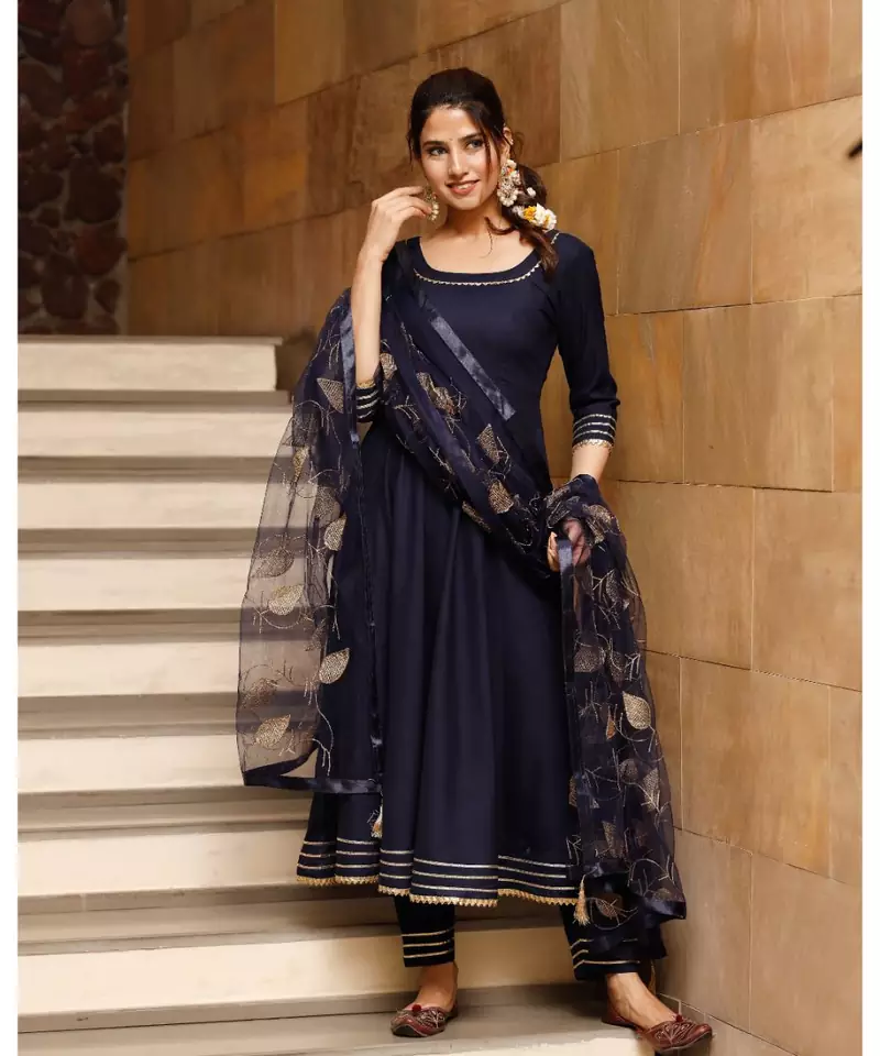 Blue solid gold kurta set with embroidered dupatta