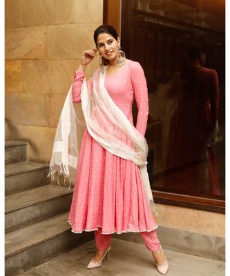 Pink polka print kurta dupatta set 5