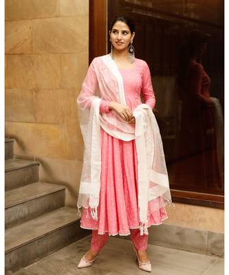Pink polka print kurta dupatta set 6