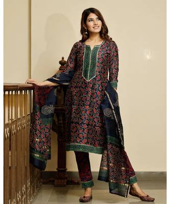 Navy blue bagru hand block print cotton kurta set with chanderi dupatta 1