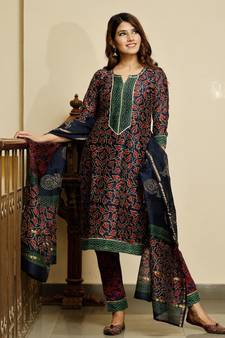 Navy blue bagru hand block print cotton kurta set with chanderi dupatta