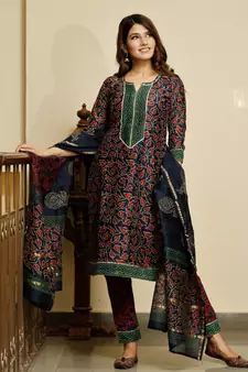Navy blue bagru hand block print cotton kurta set with chanderi dupatta