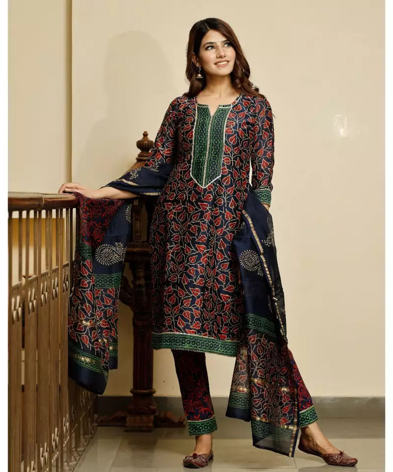 Navy blue bagru hand block print cotton kurta set with chanderi dupatta