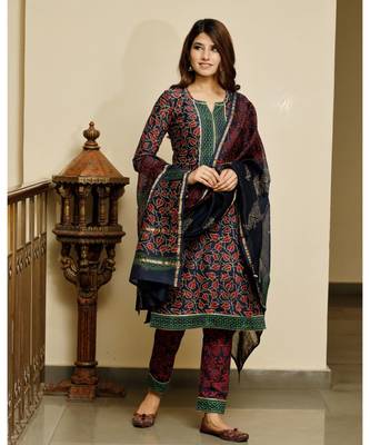 Navy blue bagru hand block print cotton kurta set with chanderi dupatta 3