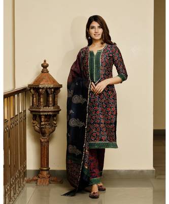 Navy blue bagru hand block print cotton kurta set with chanderi dupatta 4