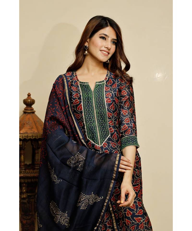 Navy blue bagru hand block print cotton kurta set with chanderi dupatta