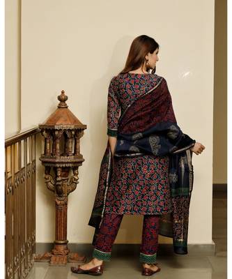 Navy blue bagru hand block print cotton kurta set with chanderi dupatta 6
