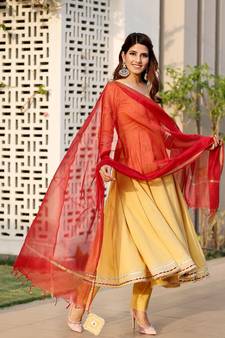 Beige gota flared kurta dupatta set
