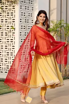 Beige gota flared kurta dupatta set