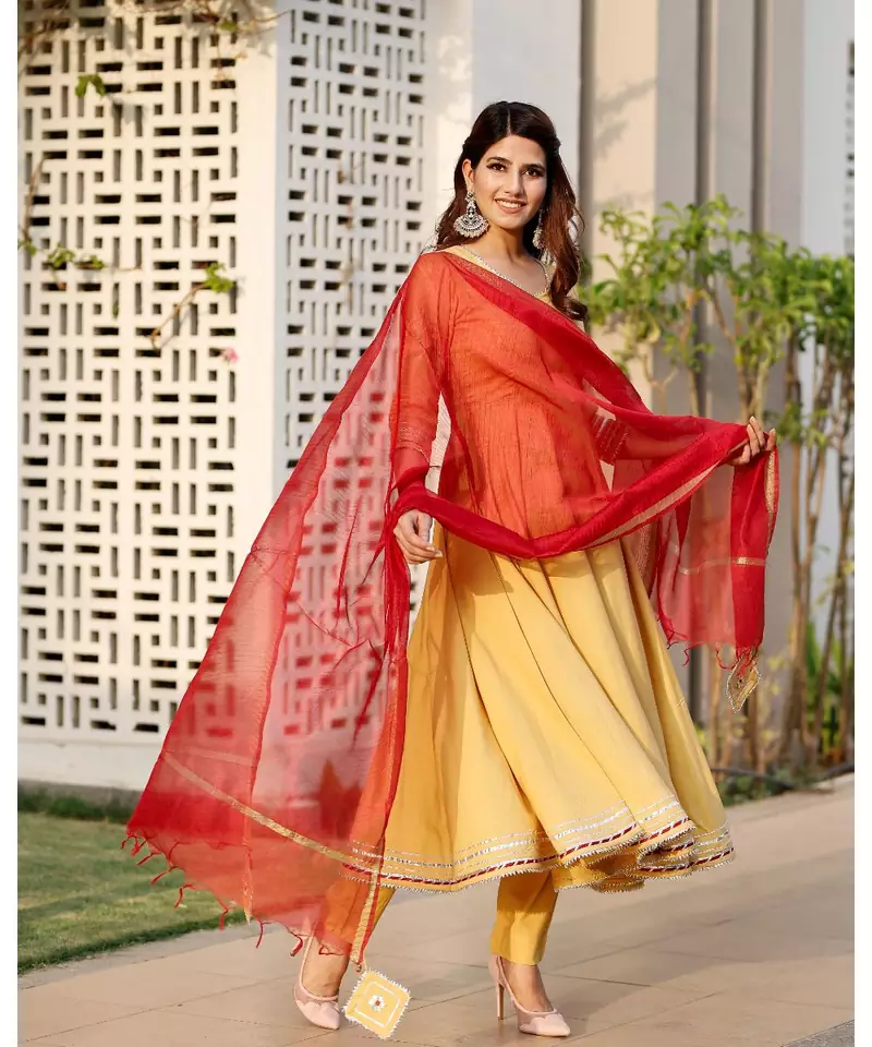 Beige gota flared kurta dupatta set
