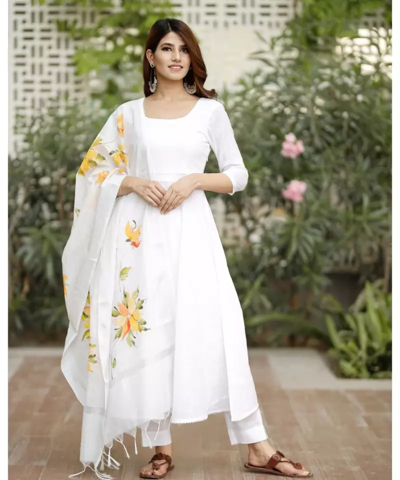 White flared cotton kurta set with hand paint chanderi dupatta