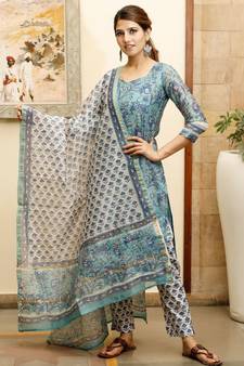 Blush blue hand block print chanderi kurta dupatta set