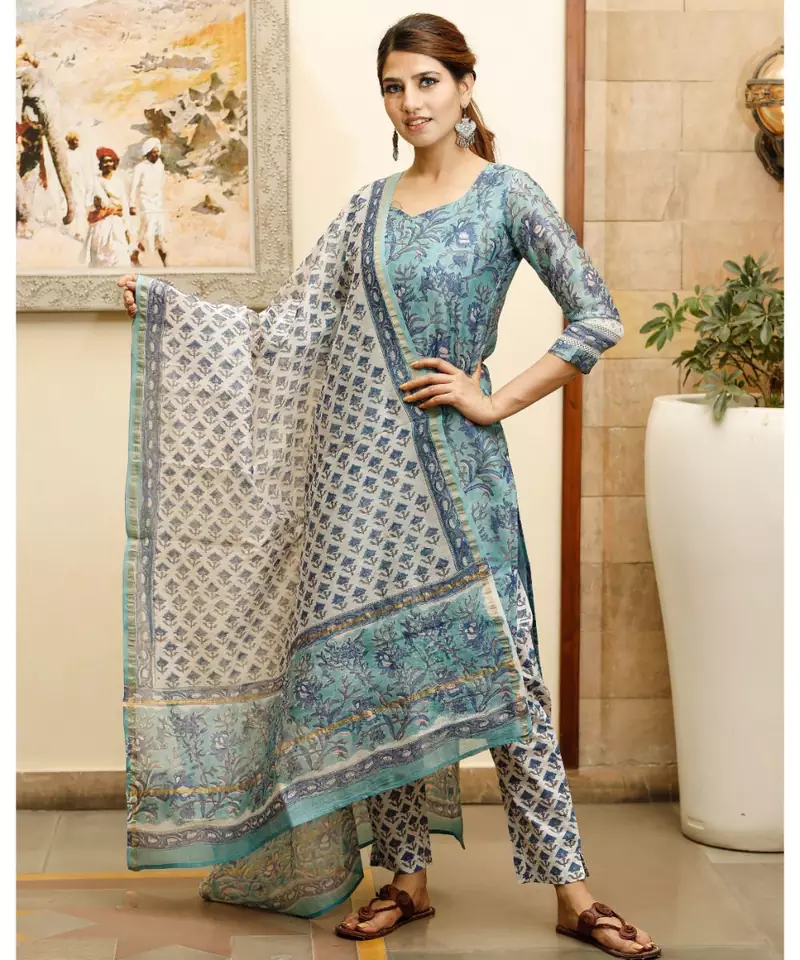 Blush blue hand block print chanderi kurta dupatta set
