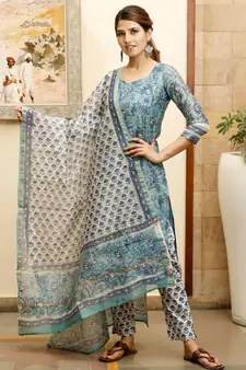 Blush blue hand block print chanderi kurta dupatta set