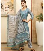 Blush blue hand block print chanderi kurta dupatta set