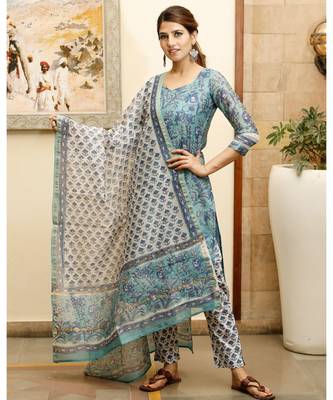 Blush blue hand block print chanderi kurta dupatta set 2