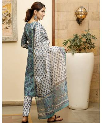 Blush blue hand block print chanderi kurta dupatta set 3