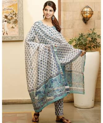Blush blue hand block print chanderi kurta dupatta set 5