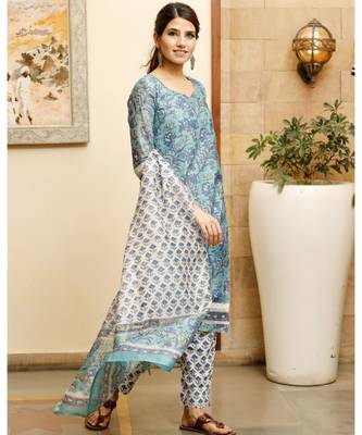 Blush blue hand block print chanderi kurta dupatta set 6
