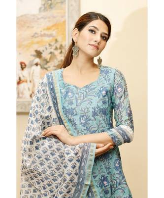 Blush blue hand block print chanderi kurta dupatta set 7