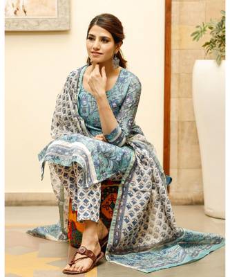 Blush blue hand block print chanderi kurta dupatta set 8