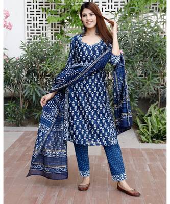 Indigo blue bagru cotton hand block print kurta set with chanderi dupatta 1