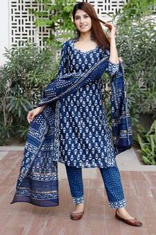 Indigo blue bagru cotton hand block print kurta set with chanderi dupatta