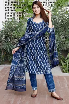 Indigo blue bagru cotton hand block print kurta set with chanderi dupatta