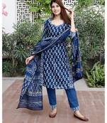 Indigo blue bagru cotton hand block print kurta set with chanderi dupatta