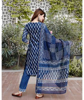 Indigo blue bagru cotton hand block print kurta set with chanderi dupatta 2