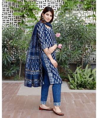 Indigo blue bagru cotton hand block print kurta set with chanderi dupatta 3