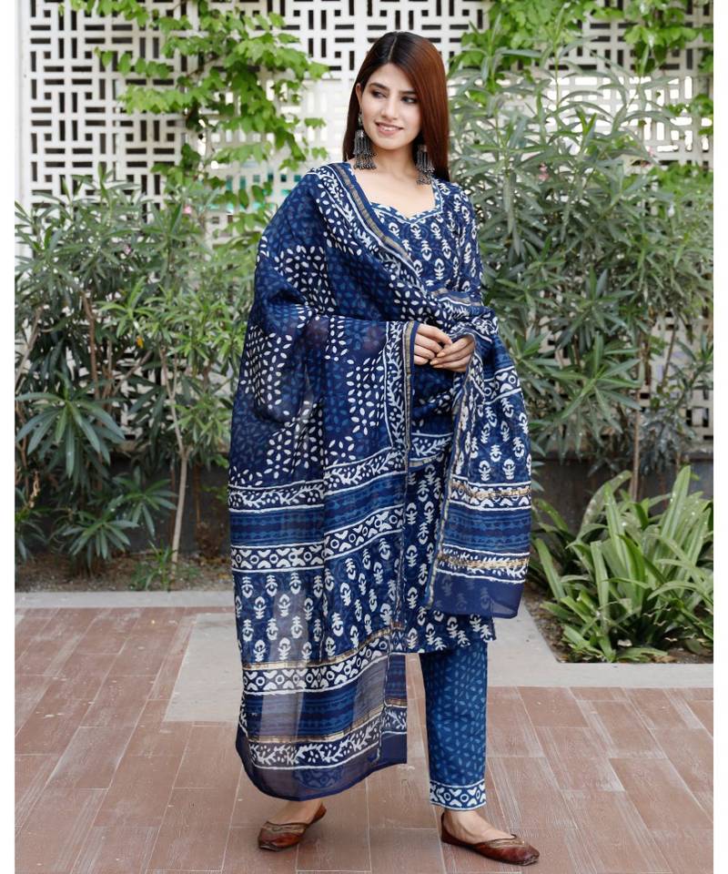 Indigo blue bagru cotton hand block print kurta set with chanderi dupatta