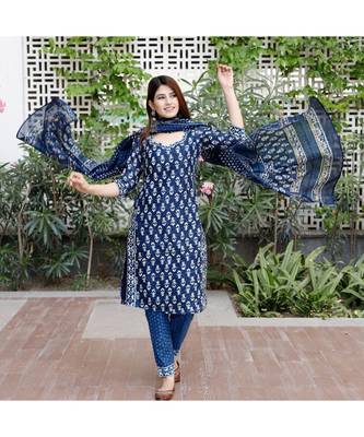 Indigo blue bagru cotton hand block print kurta set with chanderi dupatta 5