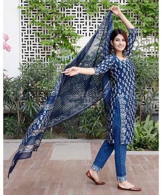 Indigo blue bagru cotton hand block print kurta set with chanderi dupatta 6