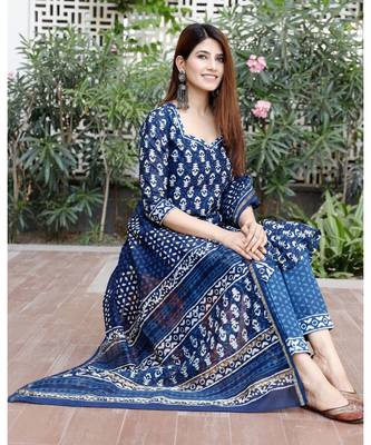 Indigo blue bagru cotton hand block print kurta set with chanderi dupatta 7