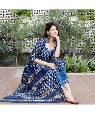 Indigo blue bagru cotton hand block print kurta set with chanderi dupatta 8