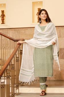 Summer green motif print cotton kurta set with doria dupatta