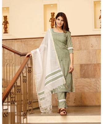 Summer green motif print cotton kurta set with doria dupatta 3