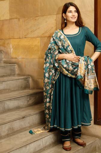 Teal green solid flared kurta set with hand block print chanderi dupatta