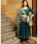 Teal green solid flared kurta set with hand block print chanderi dupatta