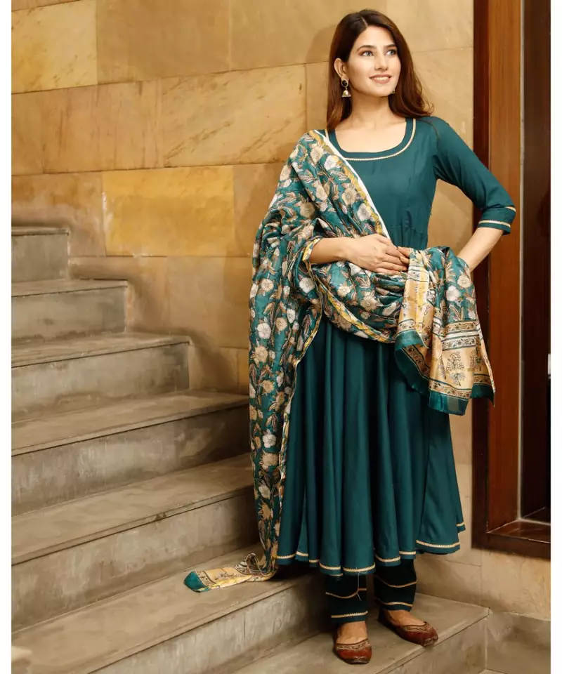 Teal green solid flared kurta set with hand block print chanderi dupatta