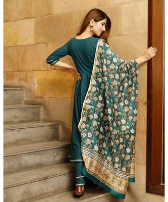Teal green solid flared kurta set with hand block print chanderi dupatta 2
