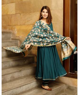 Teal green solid flared kurta set with hand block print chanderi dupatta 6