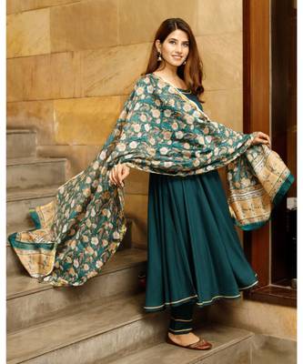 Teal green solid flared kurta set with hand block print chanderi dupatta 7